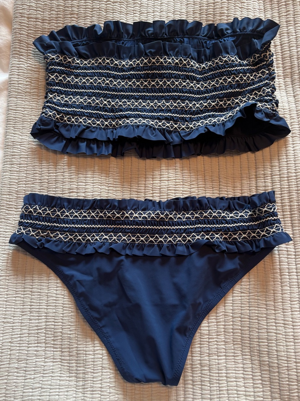 Tory Burch Costa Bandeau Bikini Set Navy Smocked Ruffle Size S
